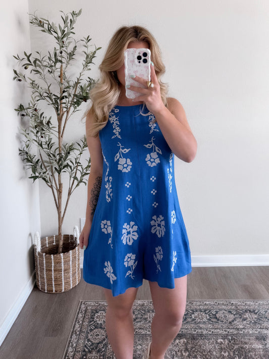 Lagoon Linen Embroidered Romper (est ship date 5.13)
