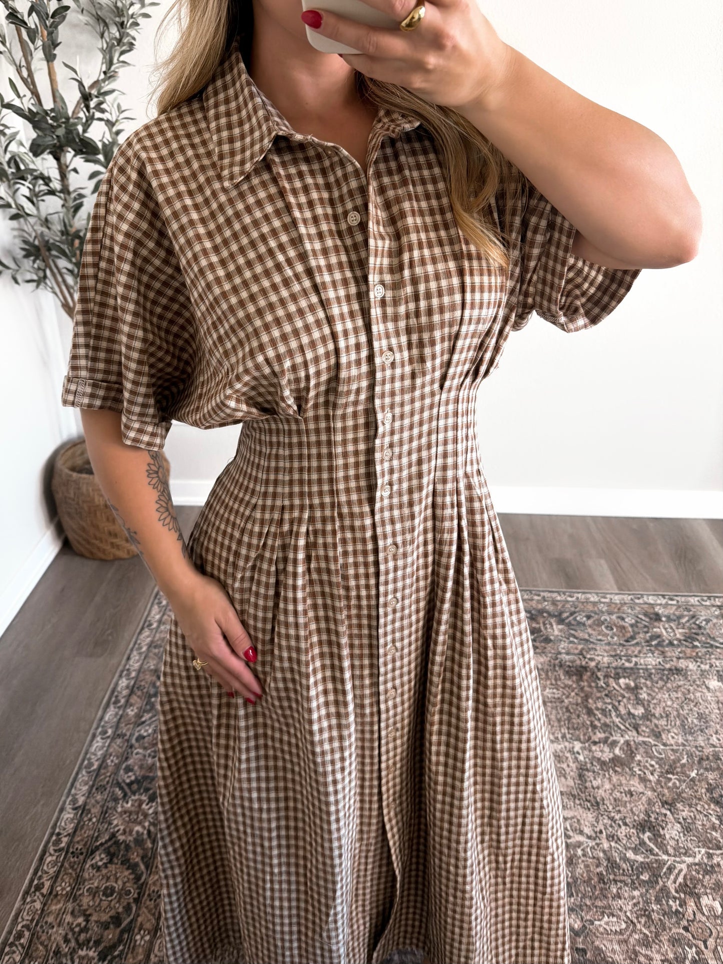 Apple Butter Gingham Midi Dress