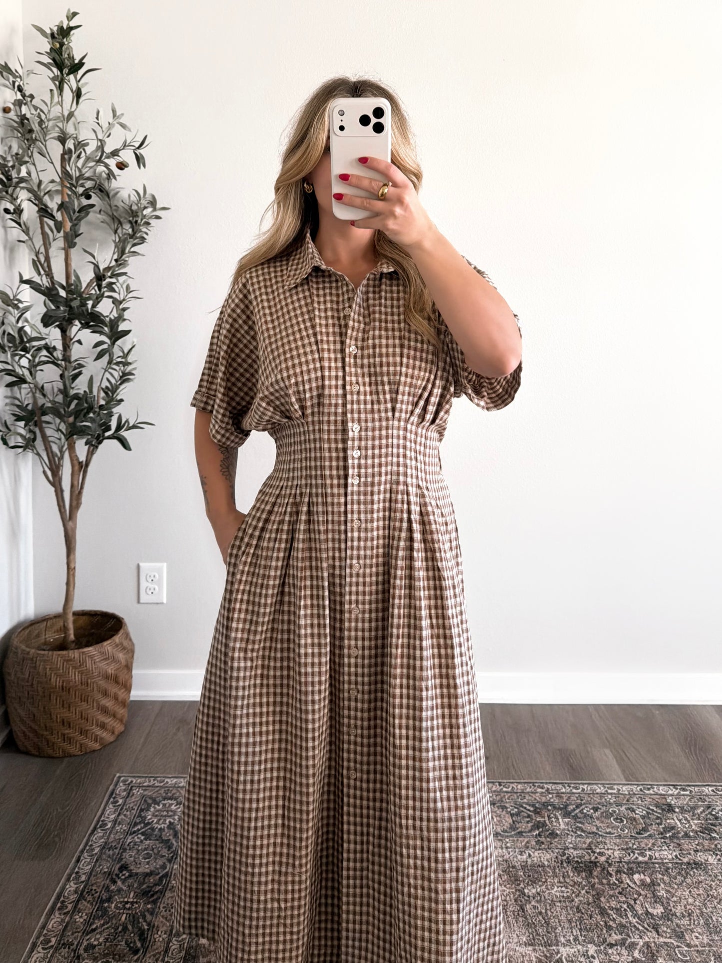 Apple Butter Gingham Midi Dress