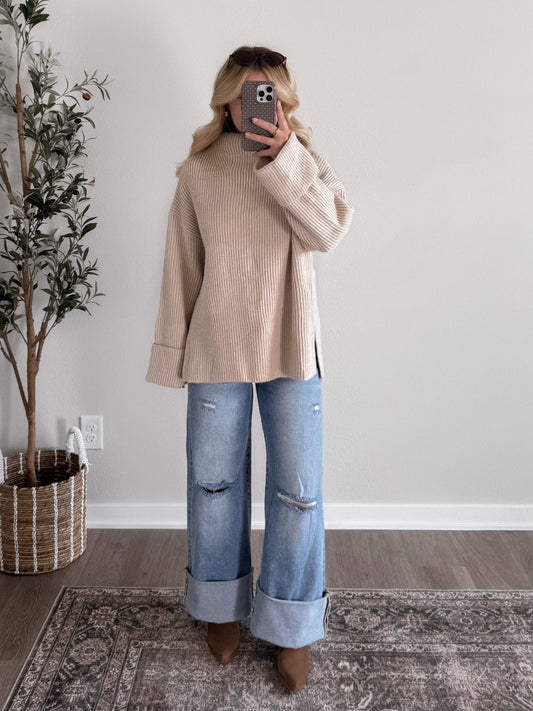 Oatmeal Mock Neck Sweater