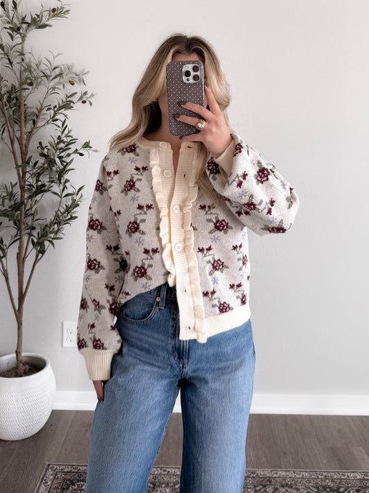 Frosted Frill Floral Knit Cardigan