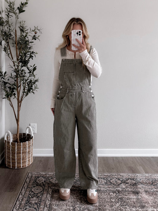 Beck Denim Barrel Overalls / Olive (Restocking Mid October)