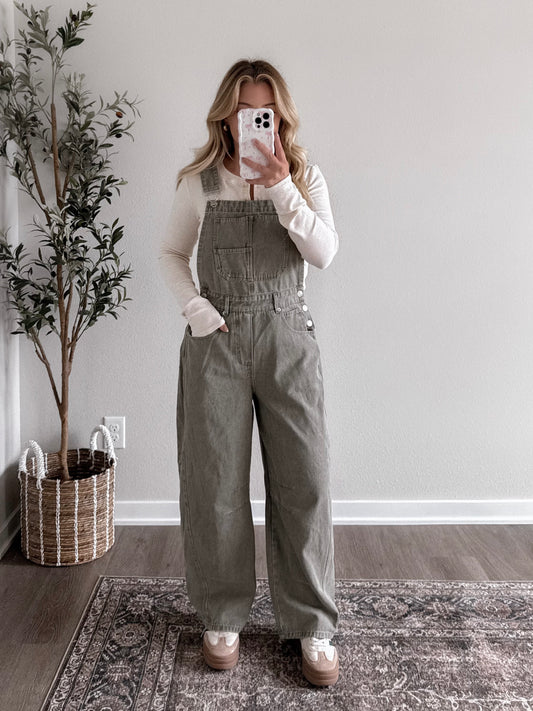 Beck Denim Barrel Overalls / Olive (Restocking Mid October)