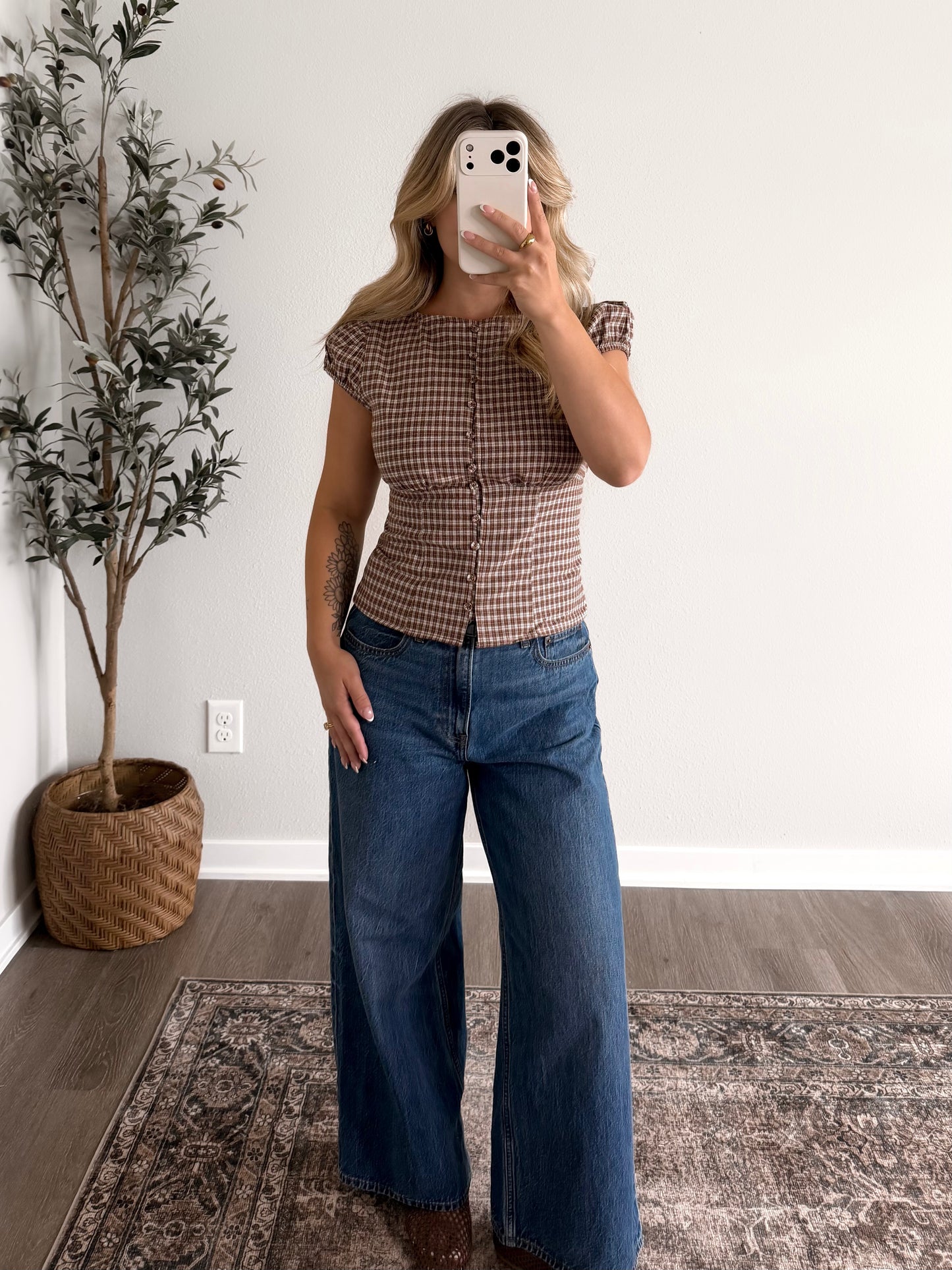 Apple Cider Plaid Button Top