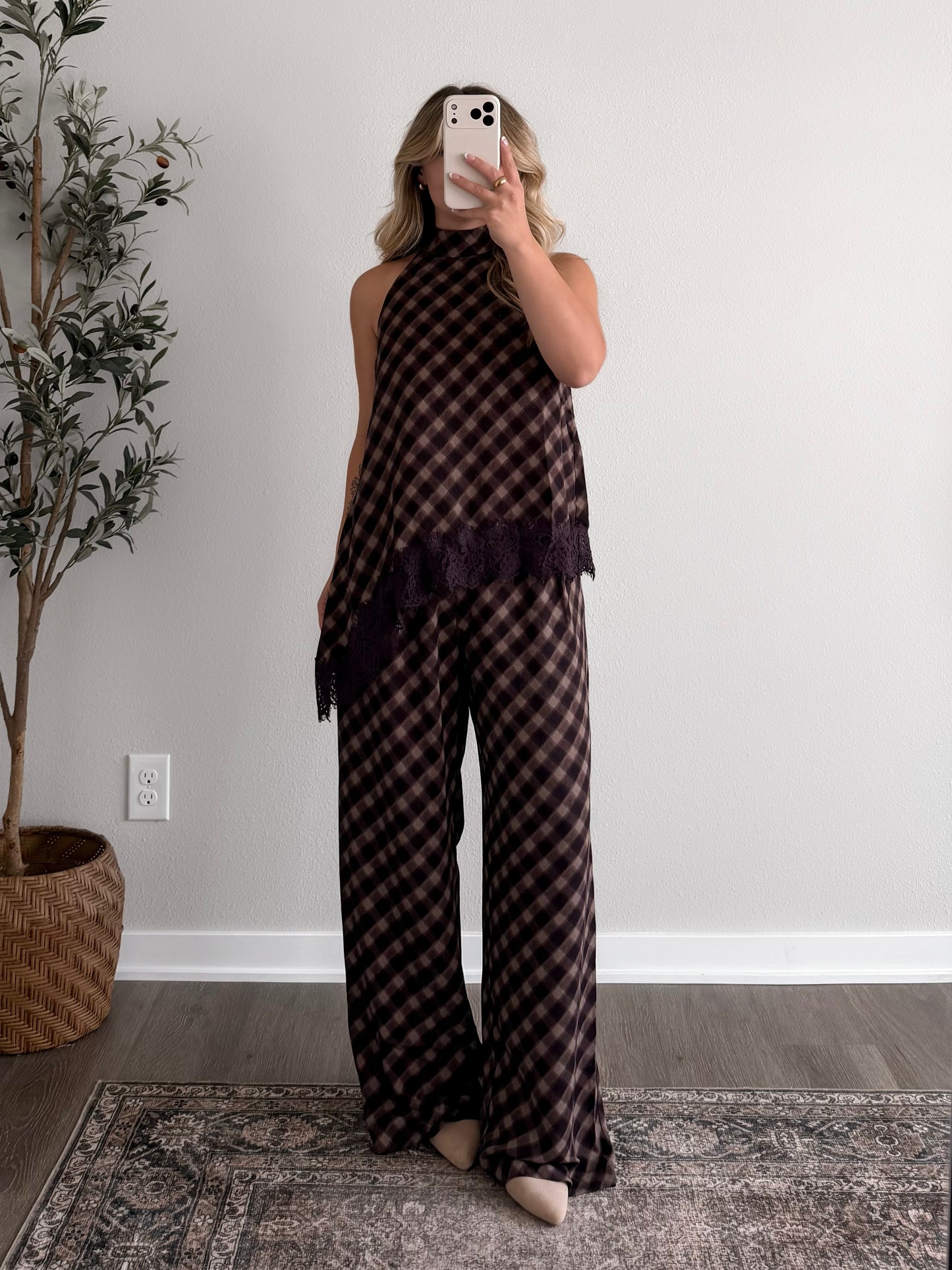 City Social Plaid Lace Pant Set