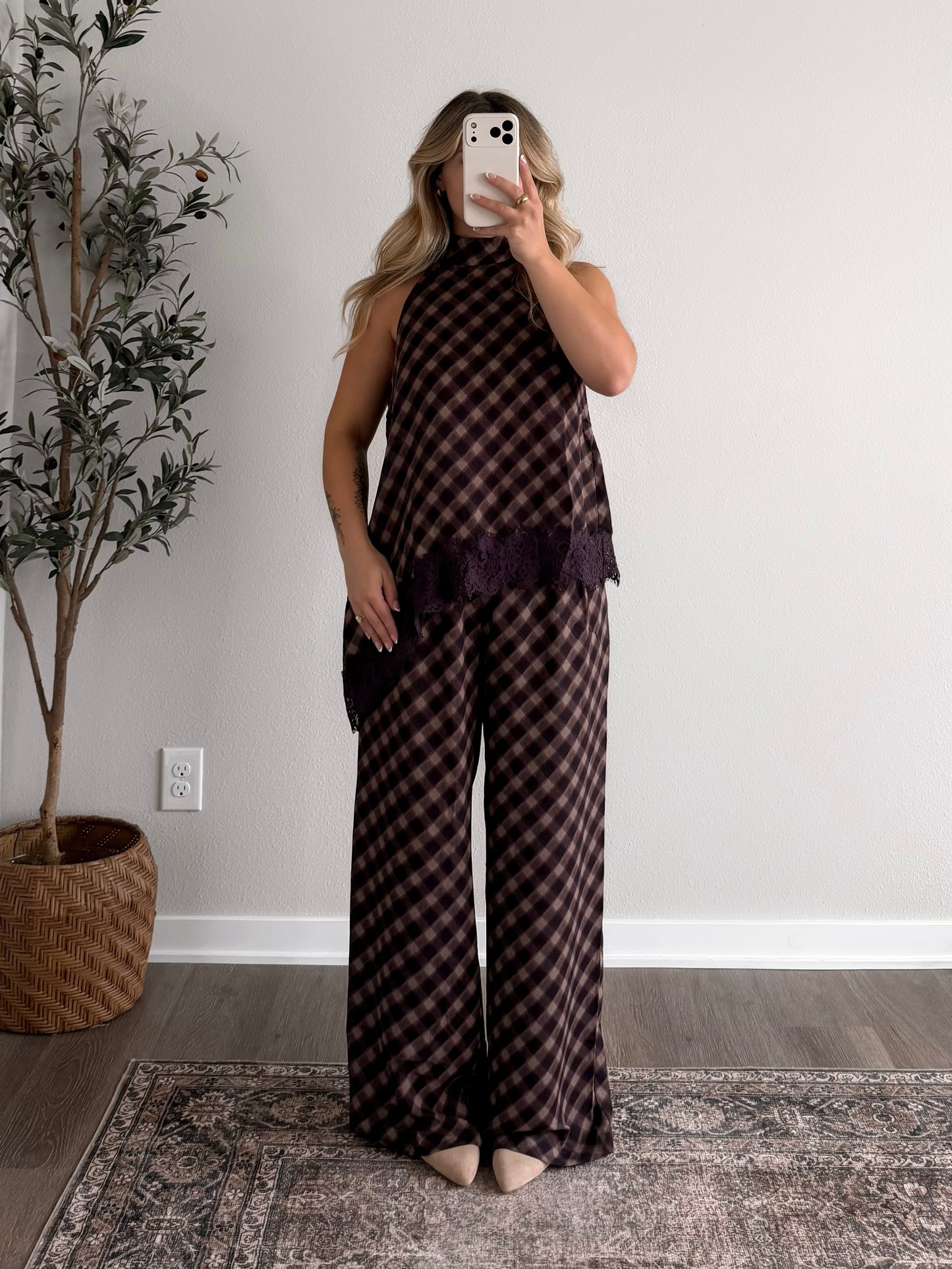City Social Plaid Lace Pant Set
