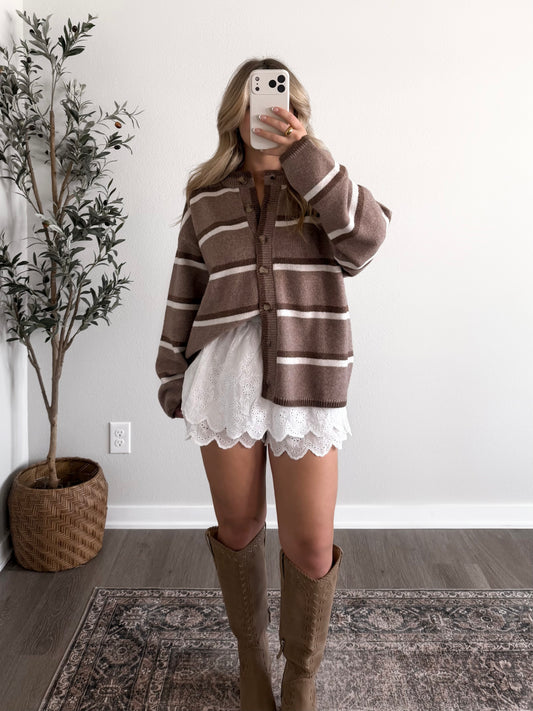 Soft Stripe Knit Cardigan / Mocha (PREORDER EST SHIP 9.25)