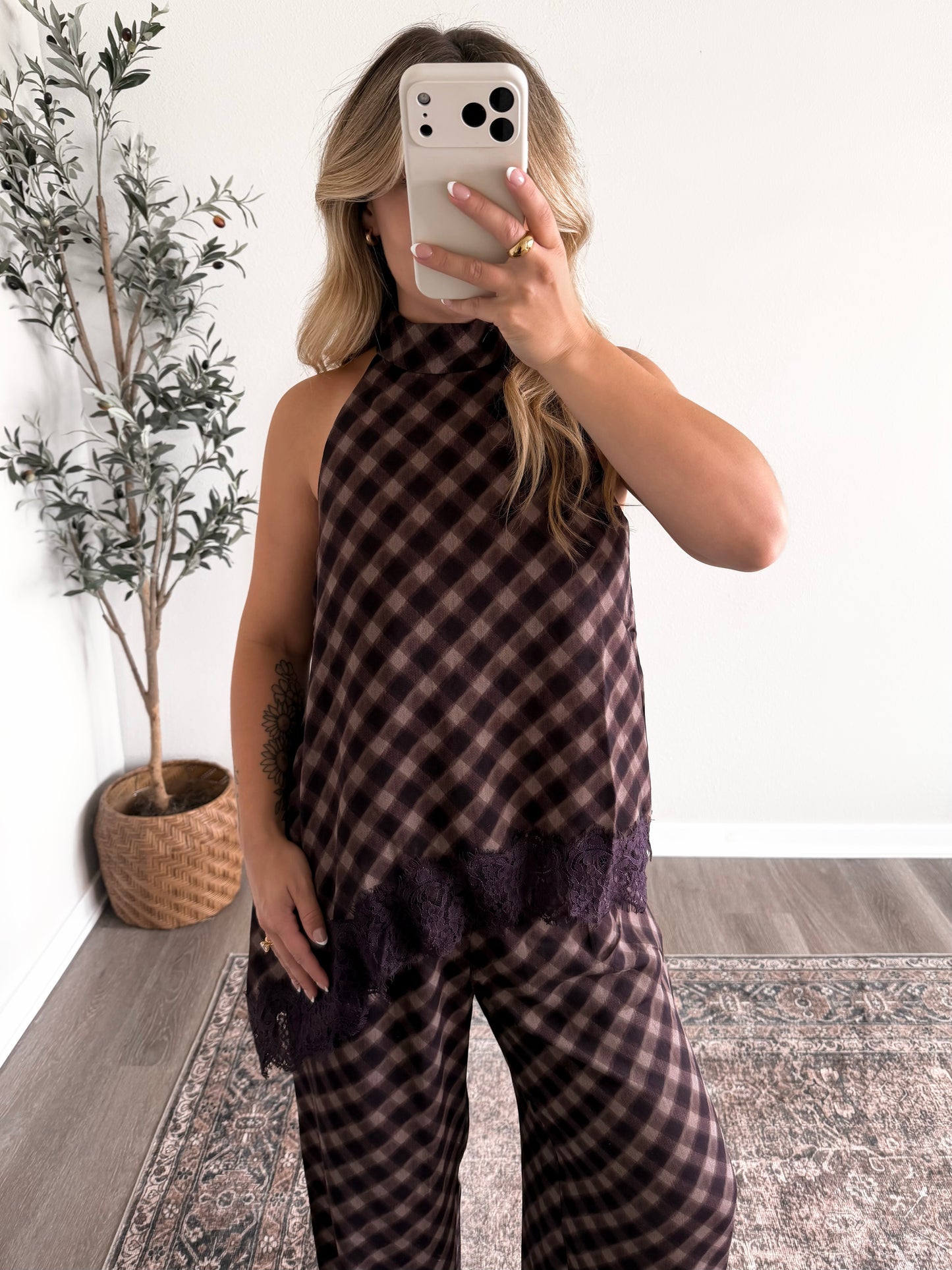 City Social Plaid Lace Pant Set