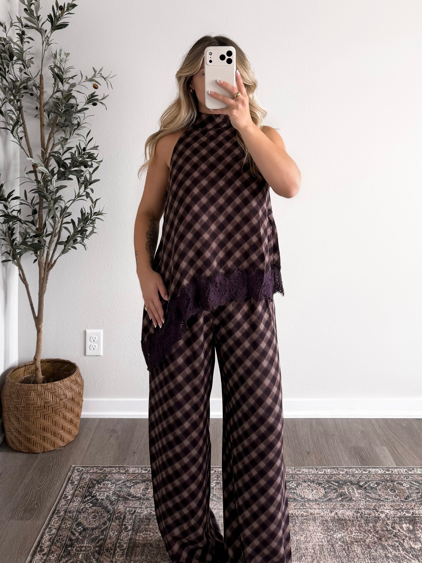 City Social Plaid Lace Pant Set