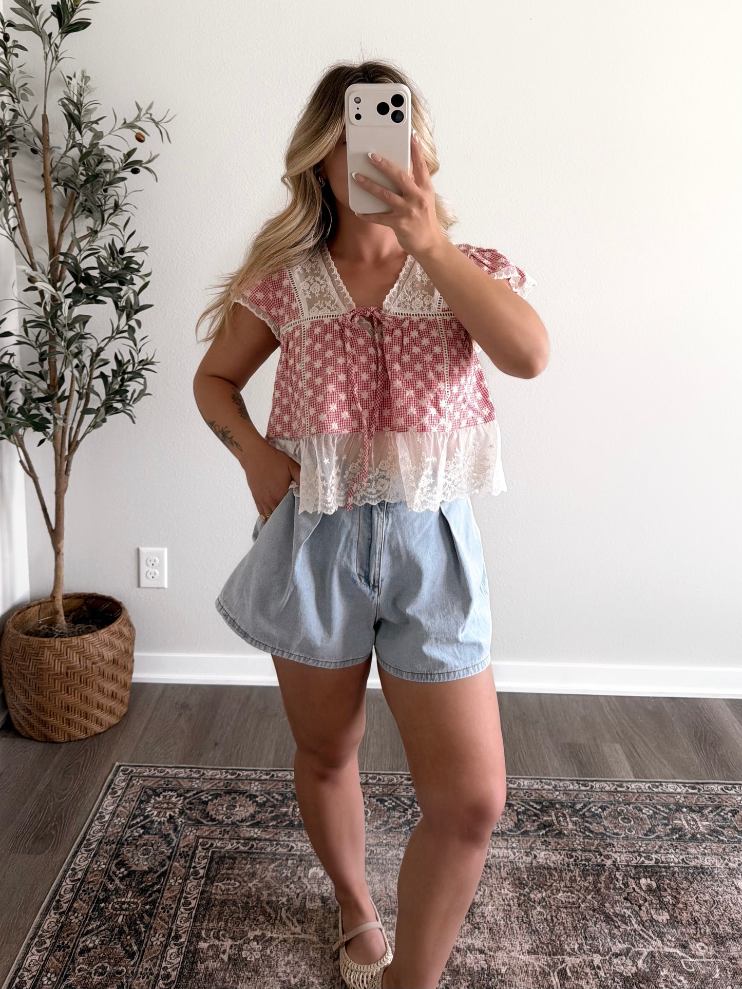 American Quilt Gingham Lace Top