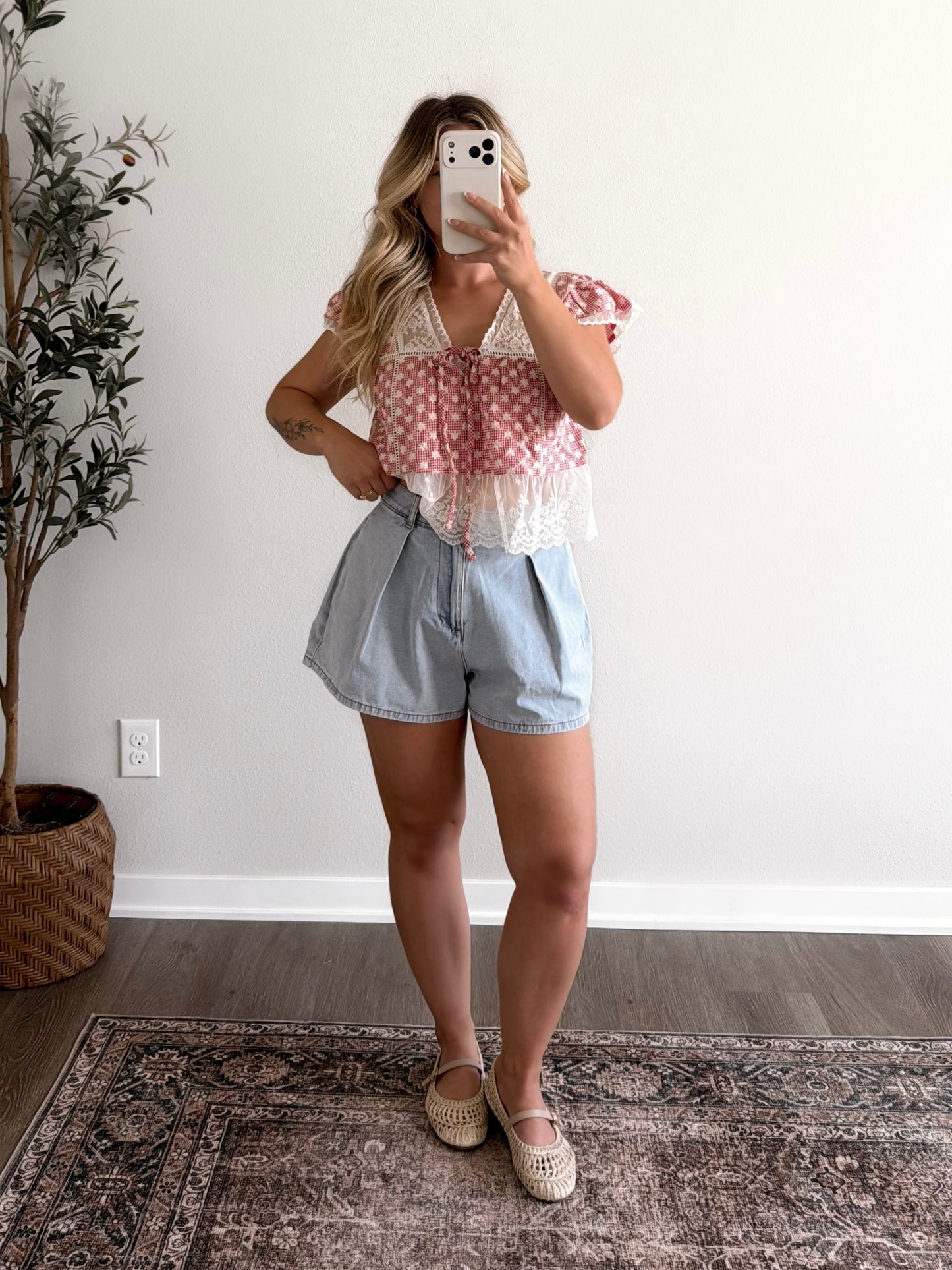 American Quilt Gingham Lace Top