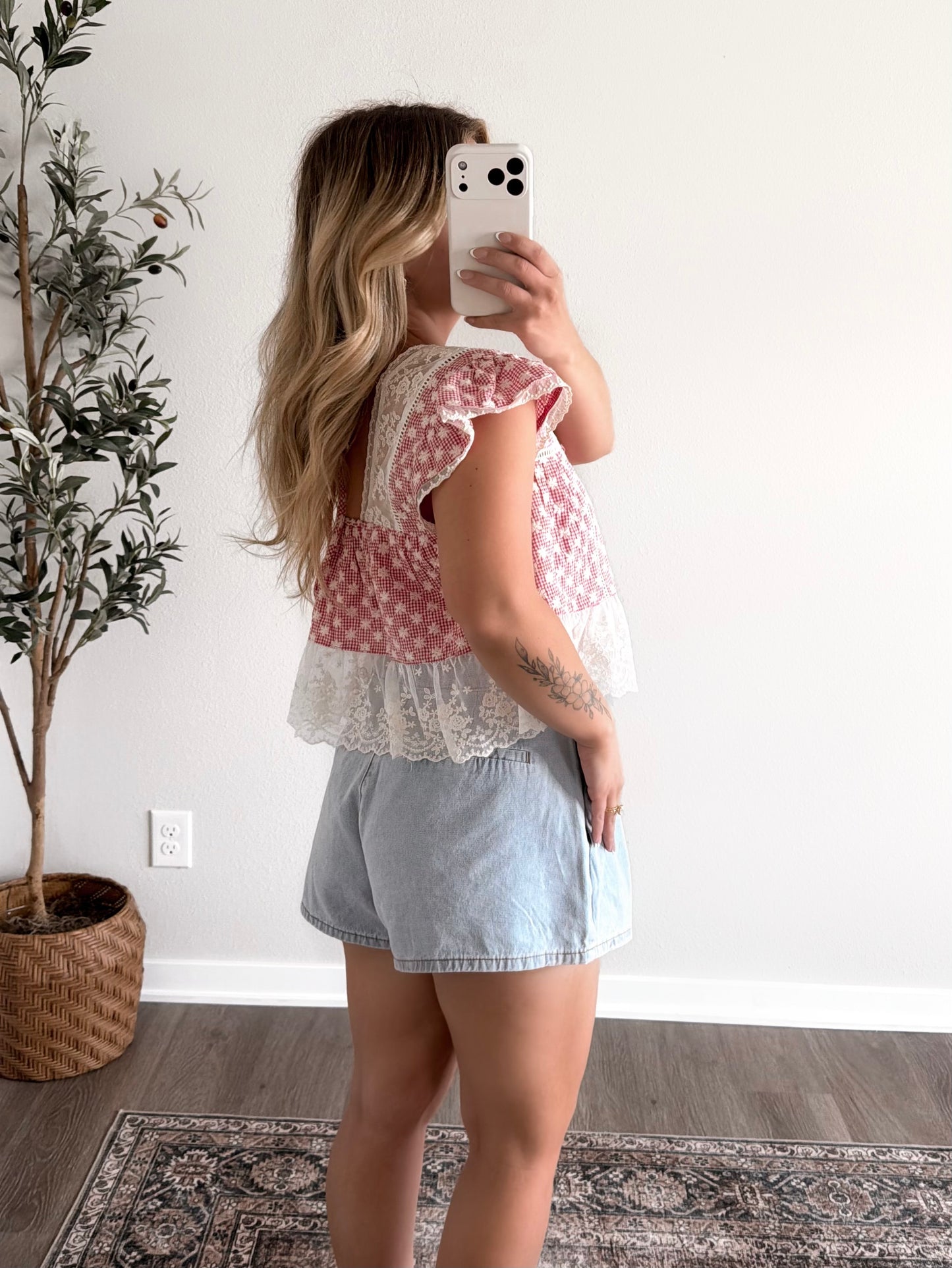American Quilt Gingham Lace Top