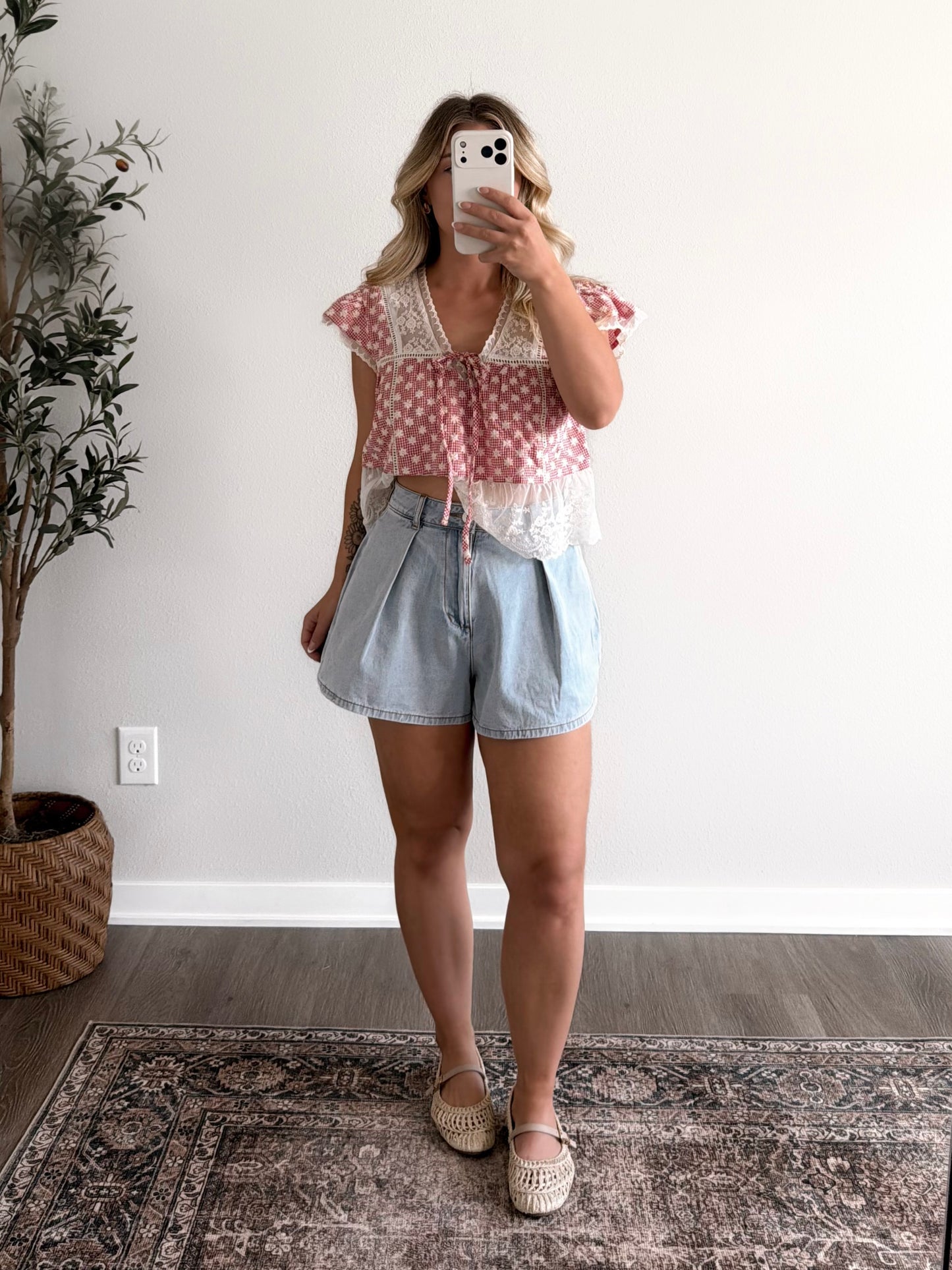 American Quilt Gingham Lace Top