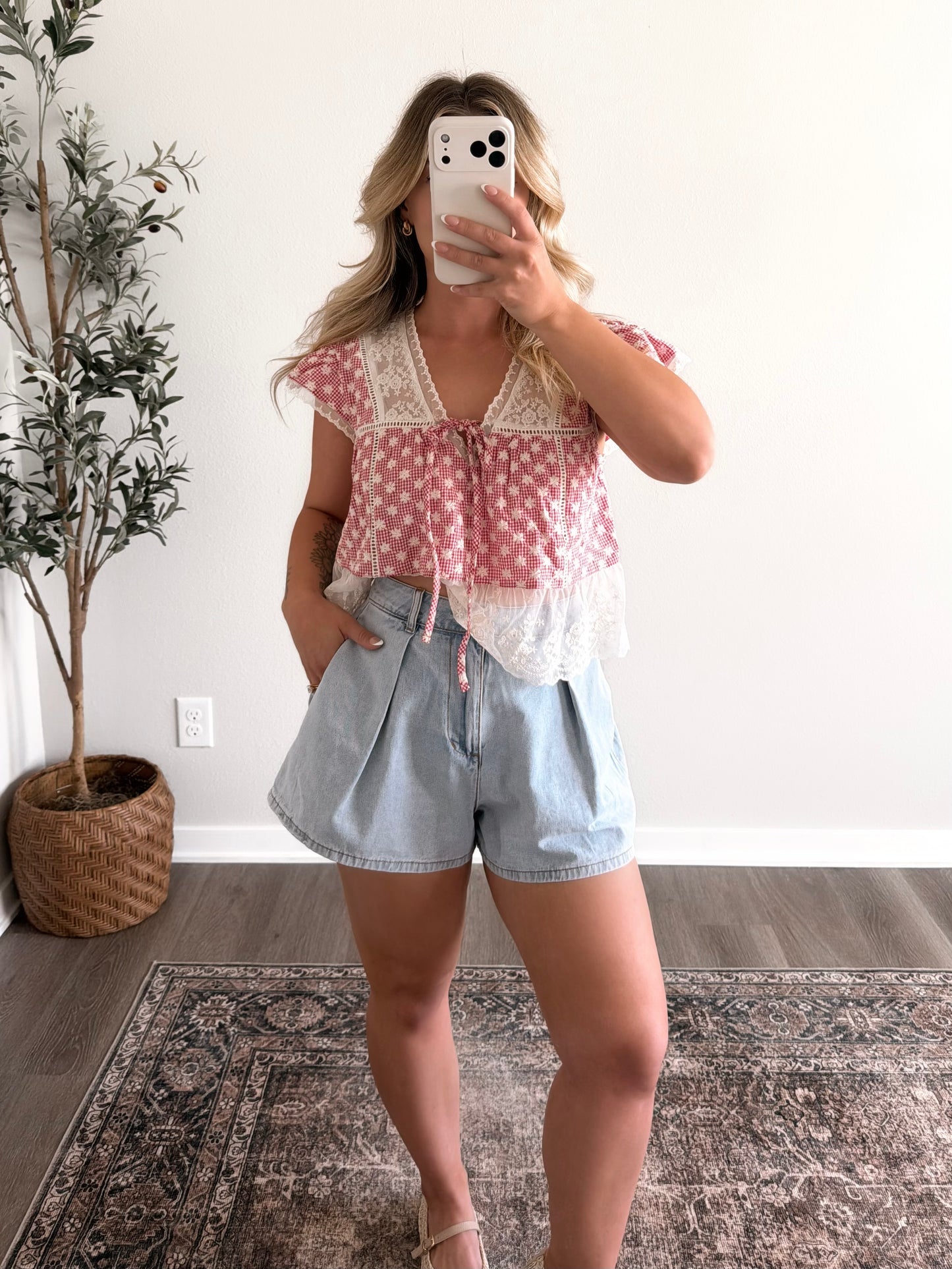 American Quilt Gingham Lace Top