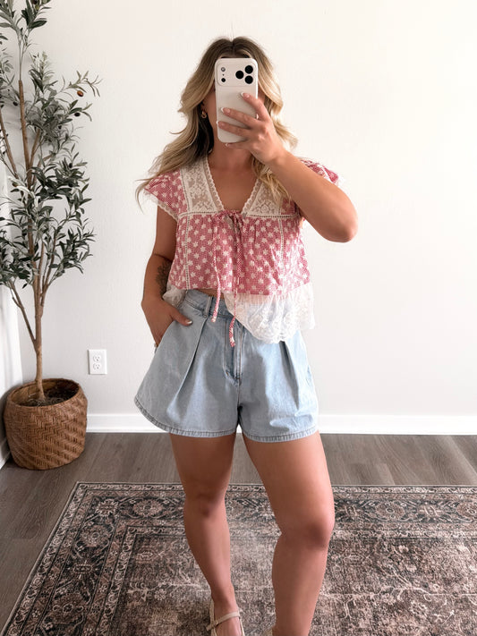 American Quilt Gingham Lace Top