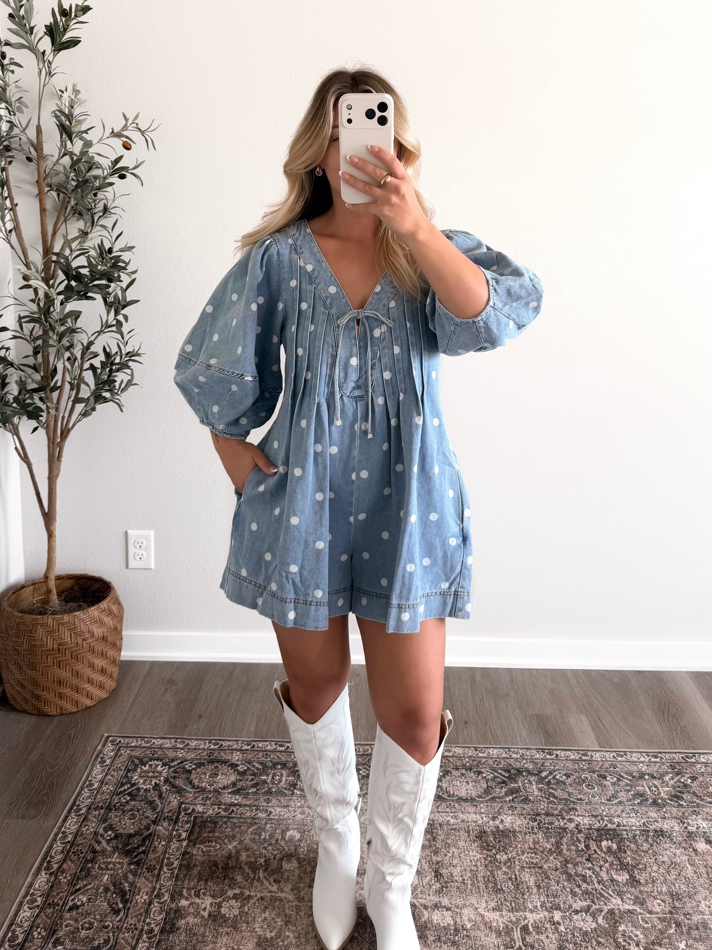 Main Street Dotted Denim Romper