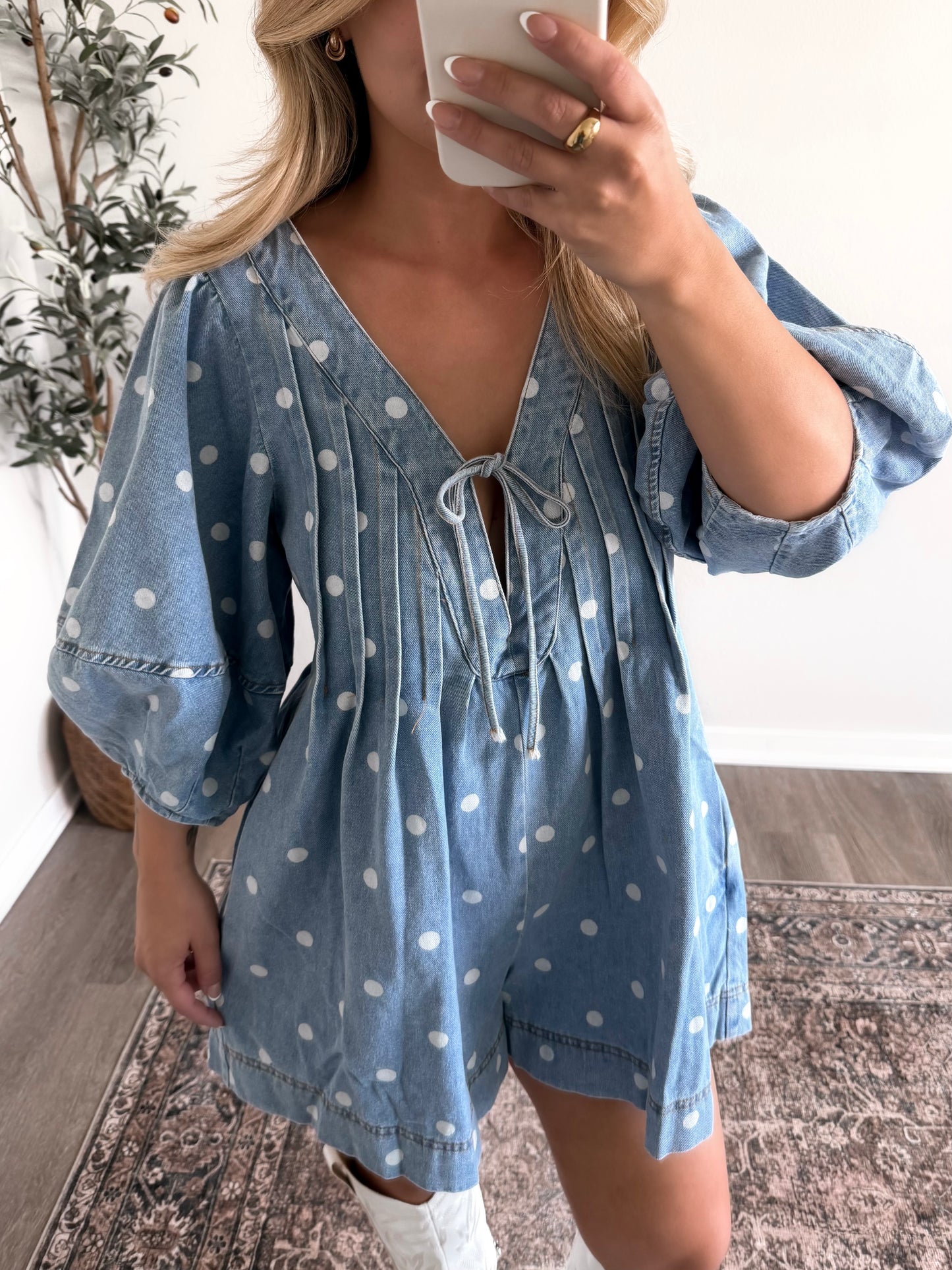 Main Street Dotted Denim Romper