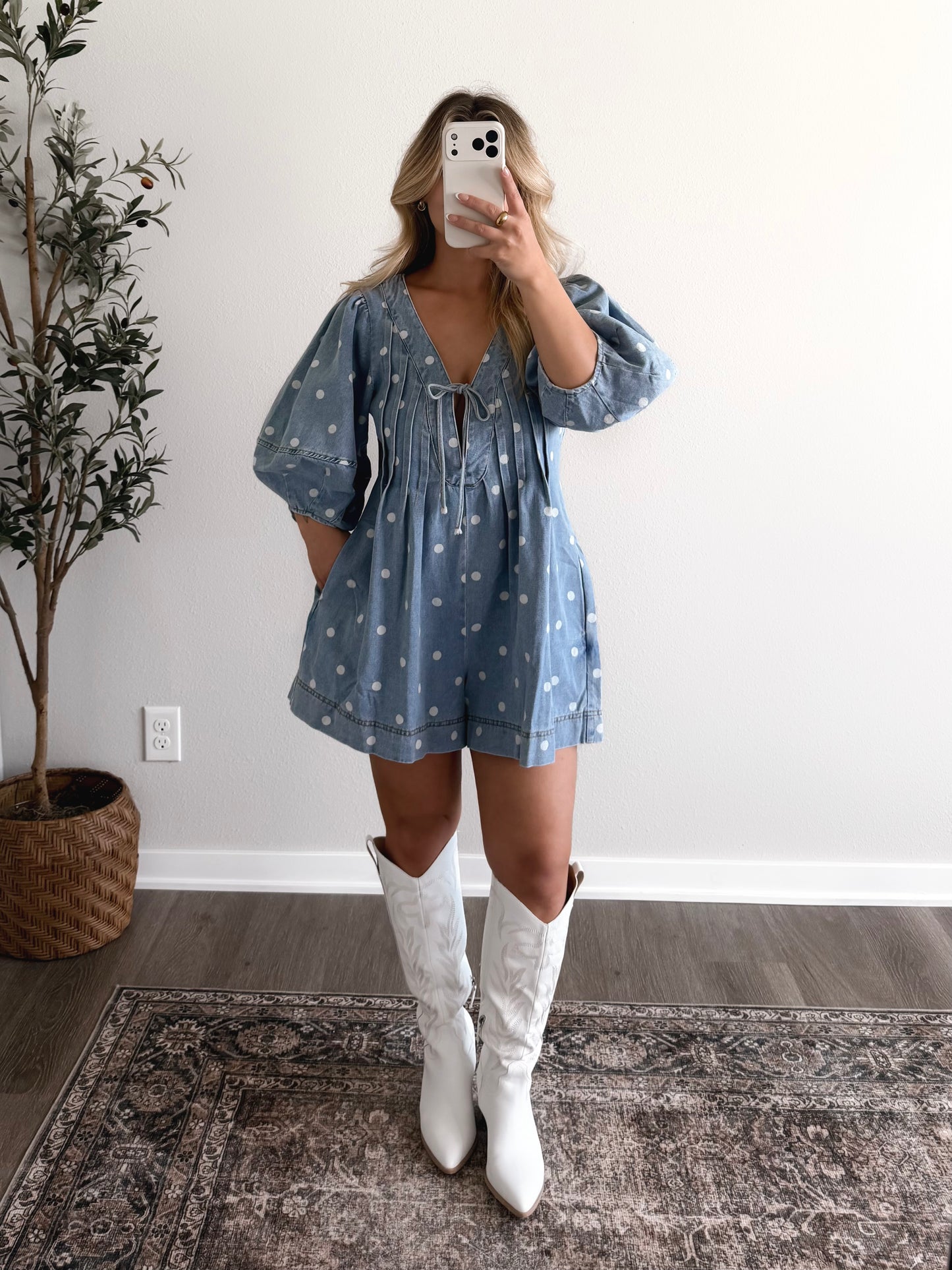 Main Street Dotted Denim Romper
