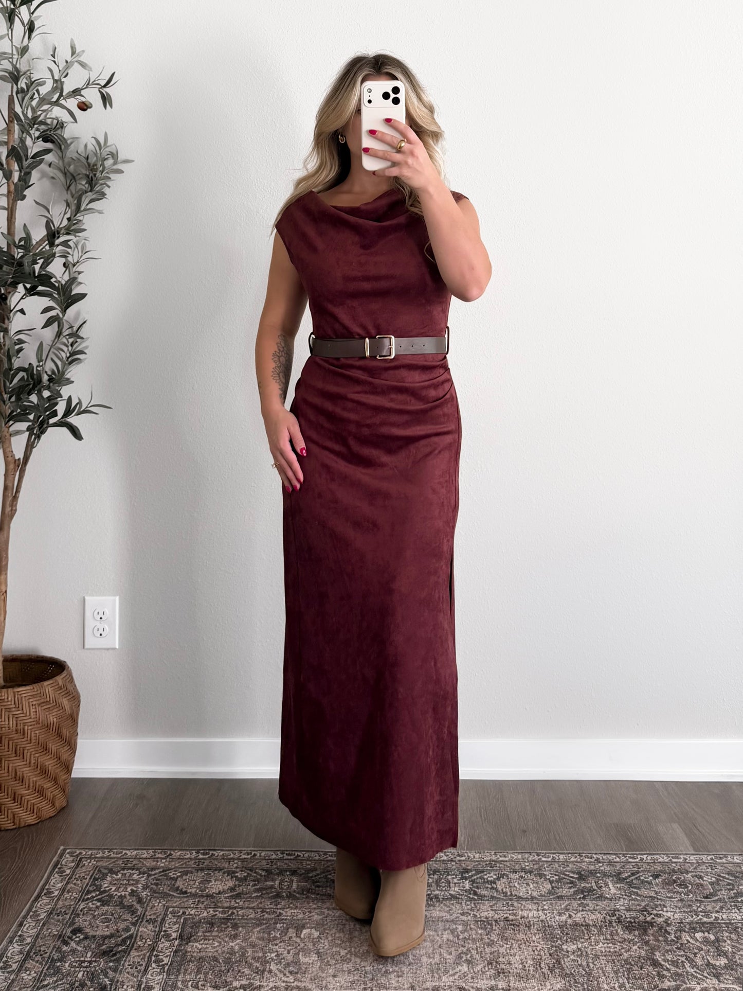 Wine List Suede Maxi Dress (Restocking Early November)
