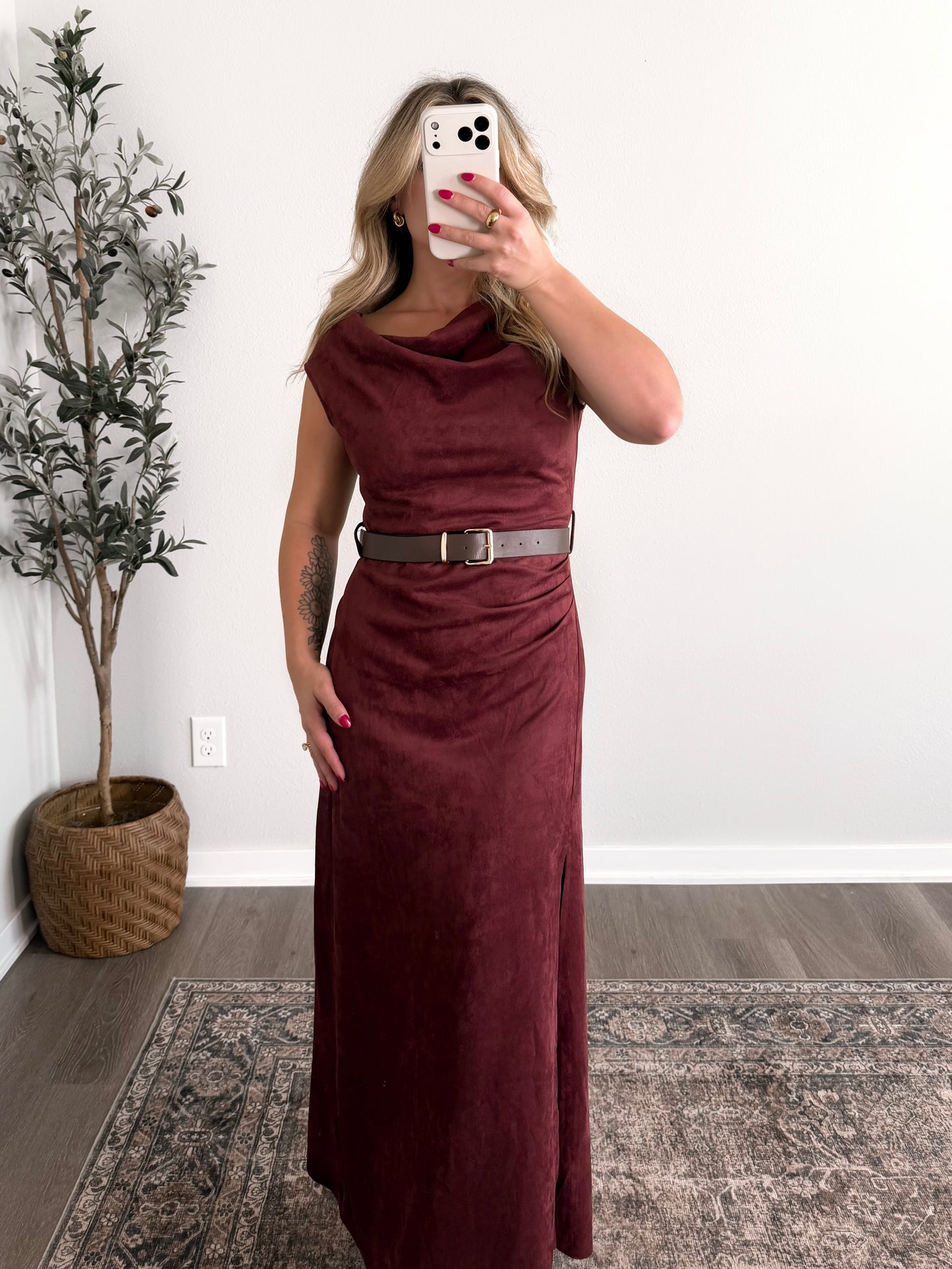 Wine List Suede Maxi Dress (Restocking Early November)