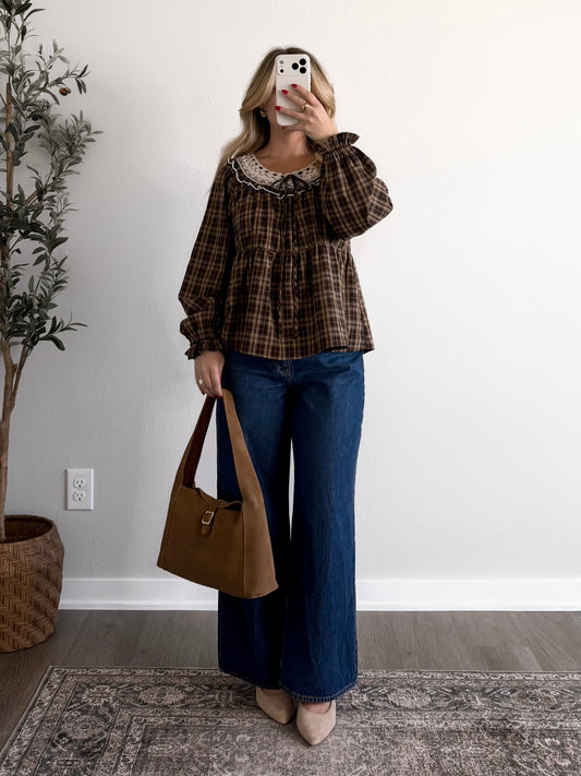 Sunday Best Plaid Lace Top / Brown