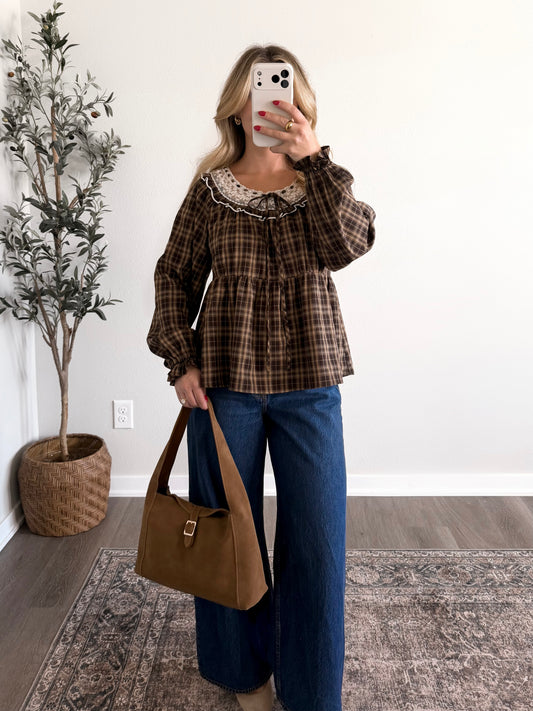 Sunday Best Plaid Lace Top / Brown