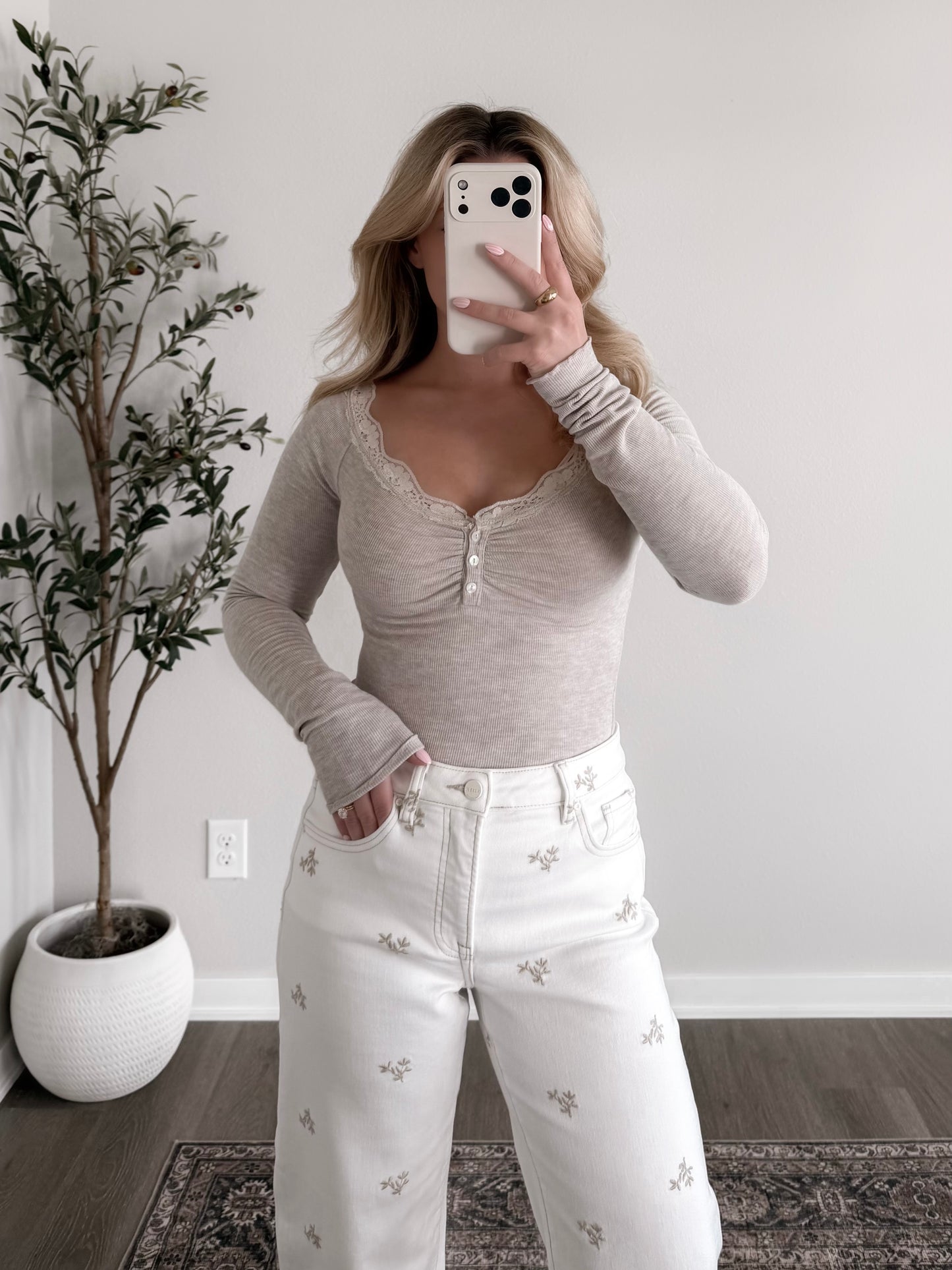 Soft Lace Trim Henley / Oat (Restocking 2.09)