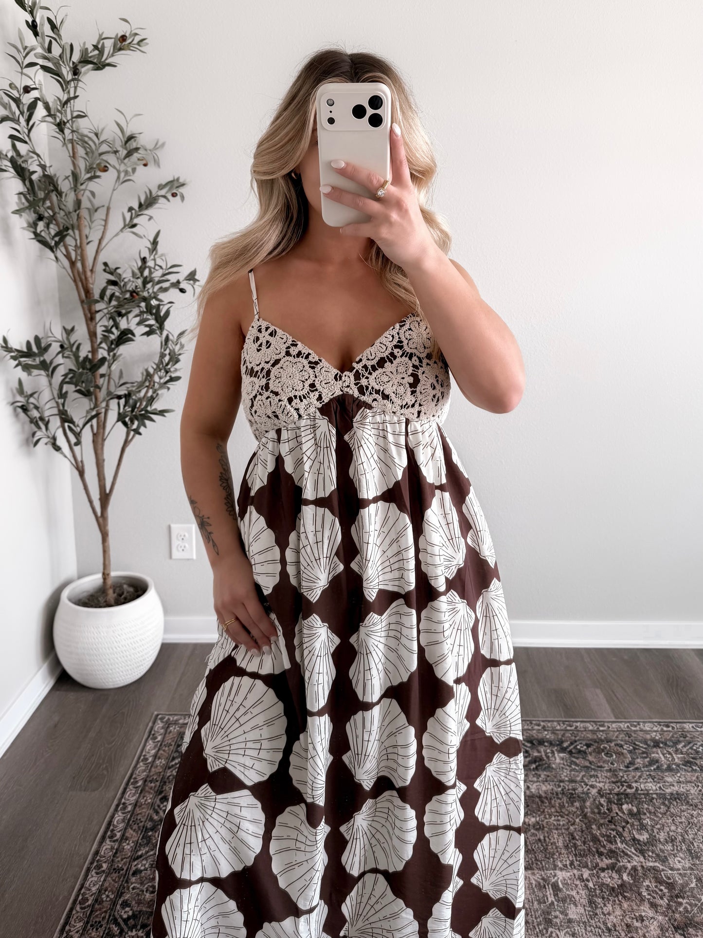 Golden Shore Crochet Midi Dress
