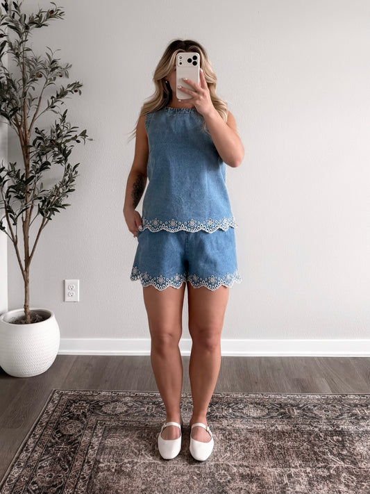 Maebelle Eyelet Denim Short Set