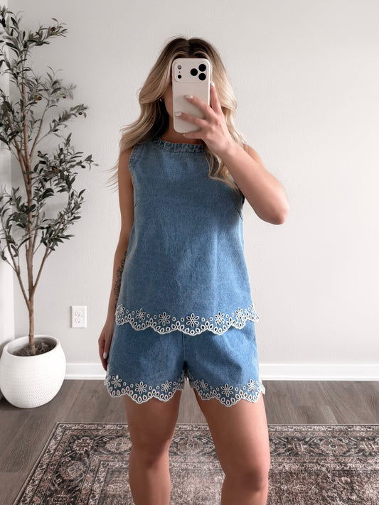 Maebelle Eyelet Denim Short Set