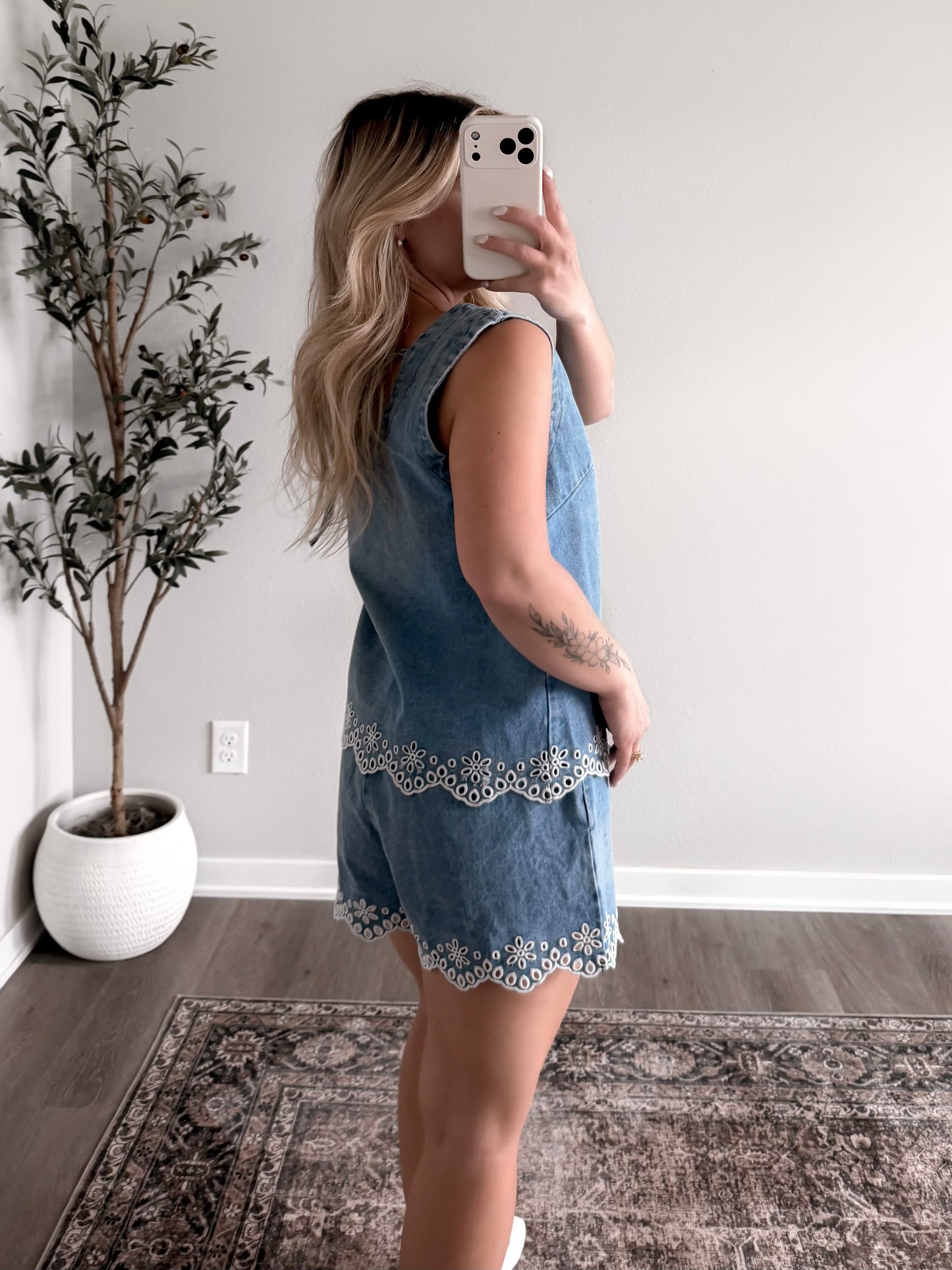 Maebelle Eyelet Denim Short Set