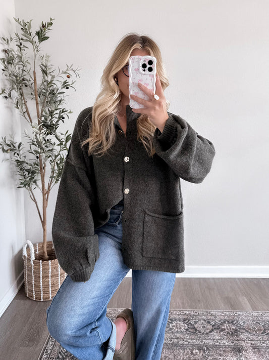 Ember Mock Neck Cardigan / Deep Olive (est ship date 8.25)