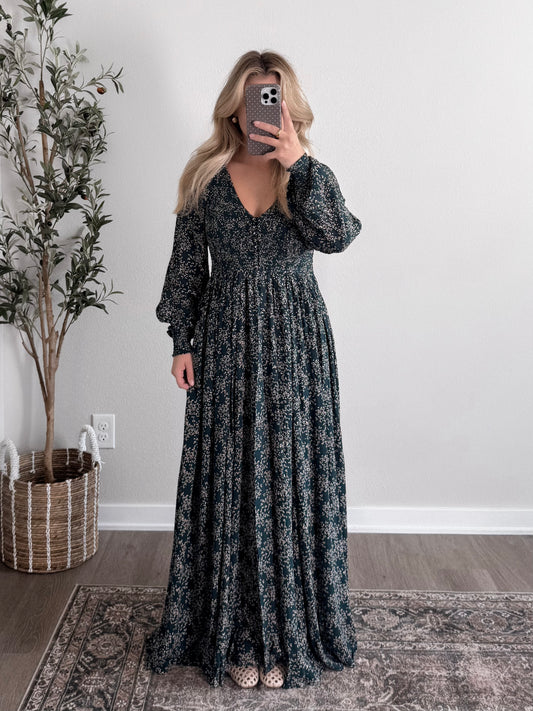 Forest Veil Smocked Maxi Dress