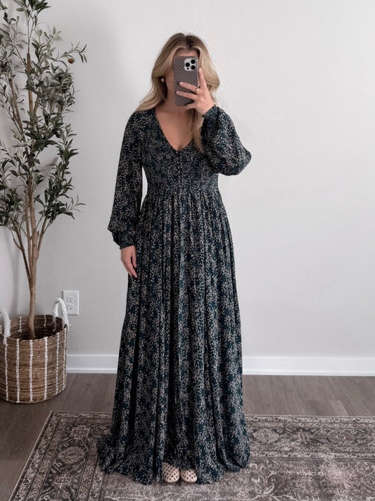 Forest Veil Smocked Maxi Dress