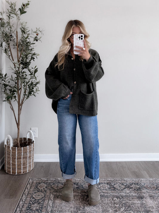 Ember Mock Neck Cardigan / Deep Olive (est ship date 8.25)