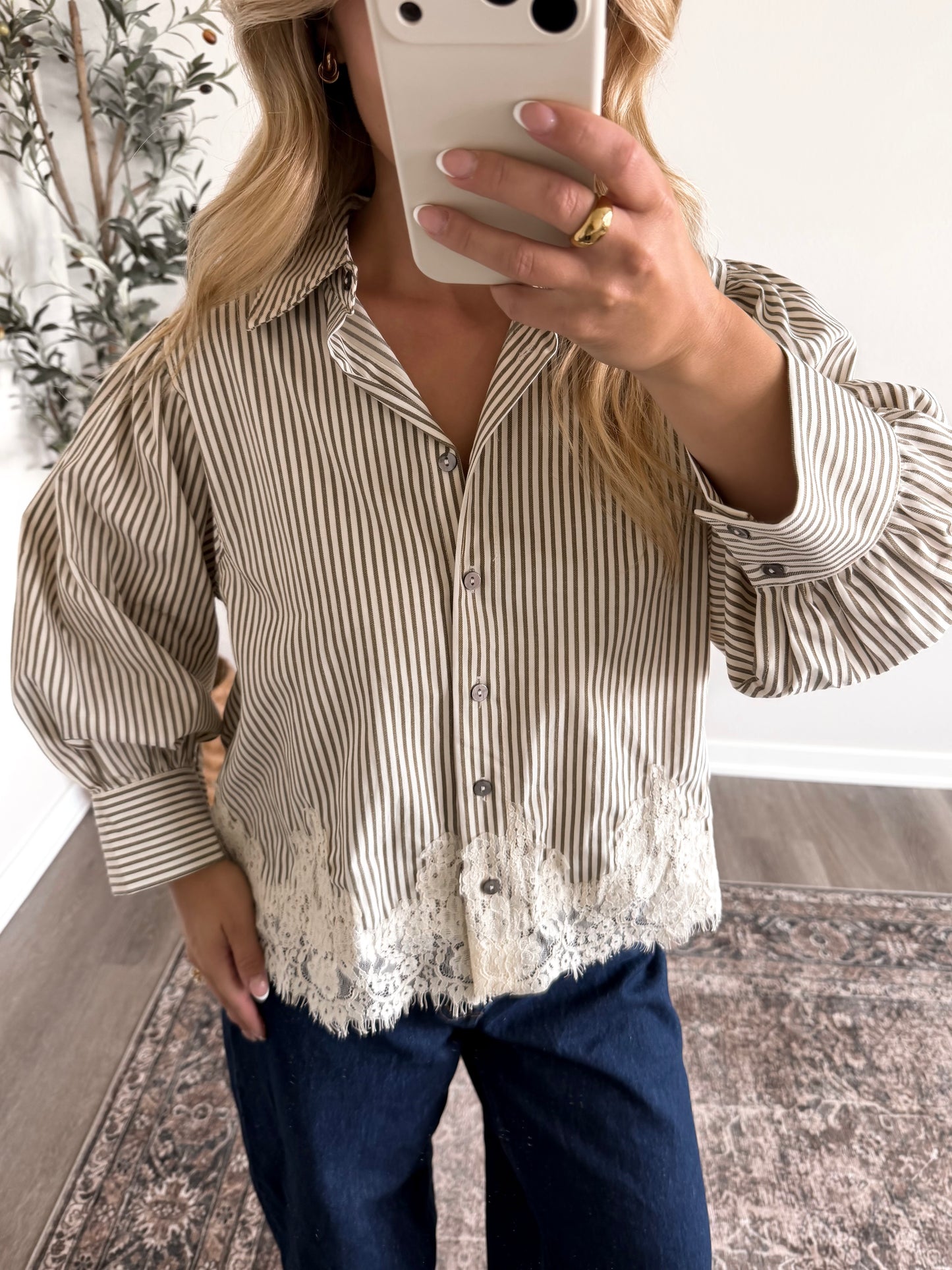 Lacewood Striped Button Top / Olive