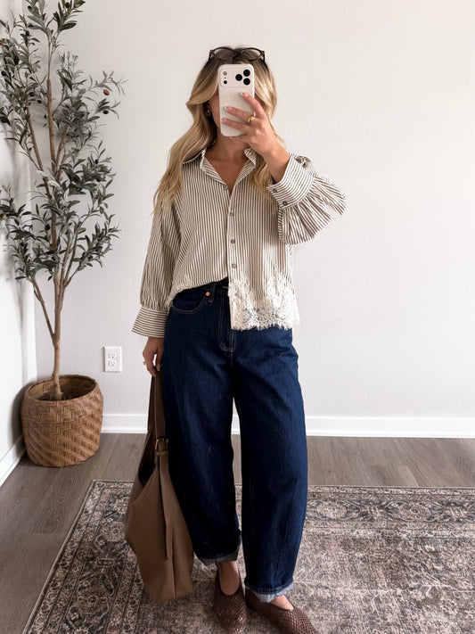 Lacewood Striped Button Top / Olive