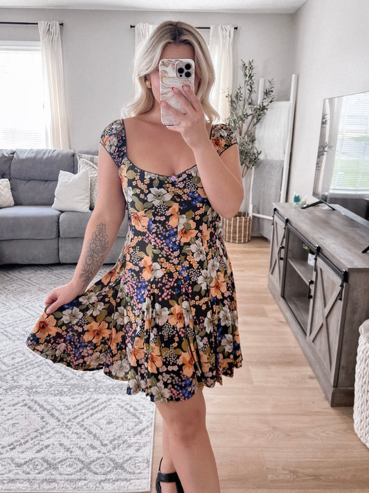 Melina Black Apricot Floral Dress Final Sale