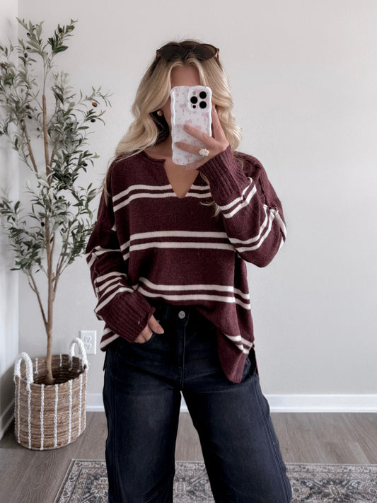 Game Day Striped Sweater / Chocolate Maroon