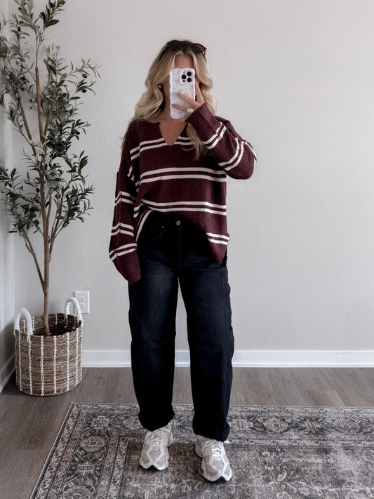 Game Day Striped Sweater / Chocolate Maroon