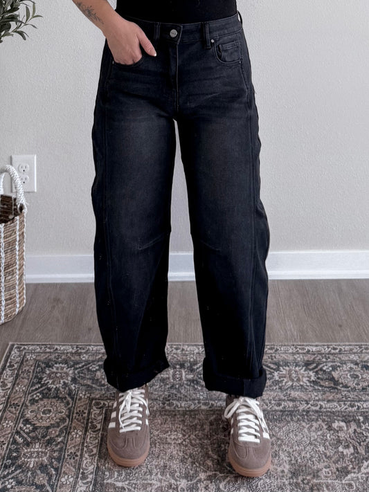 Raven High Rise Barrel Jean / Black (Restocking Mid September)