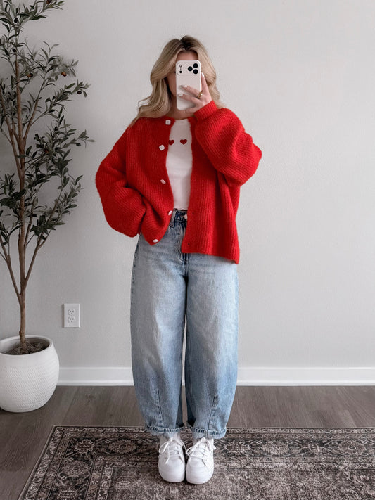 Honey Cove Button Down Sweater / Red