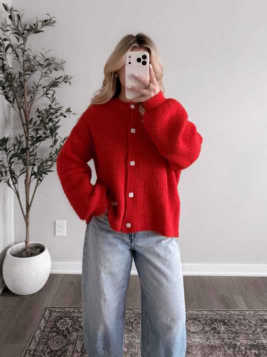 Honey Cove Button Down Sweater / Red