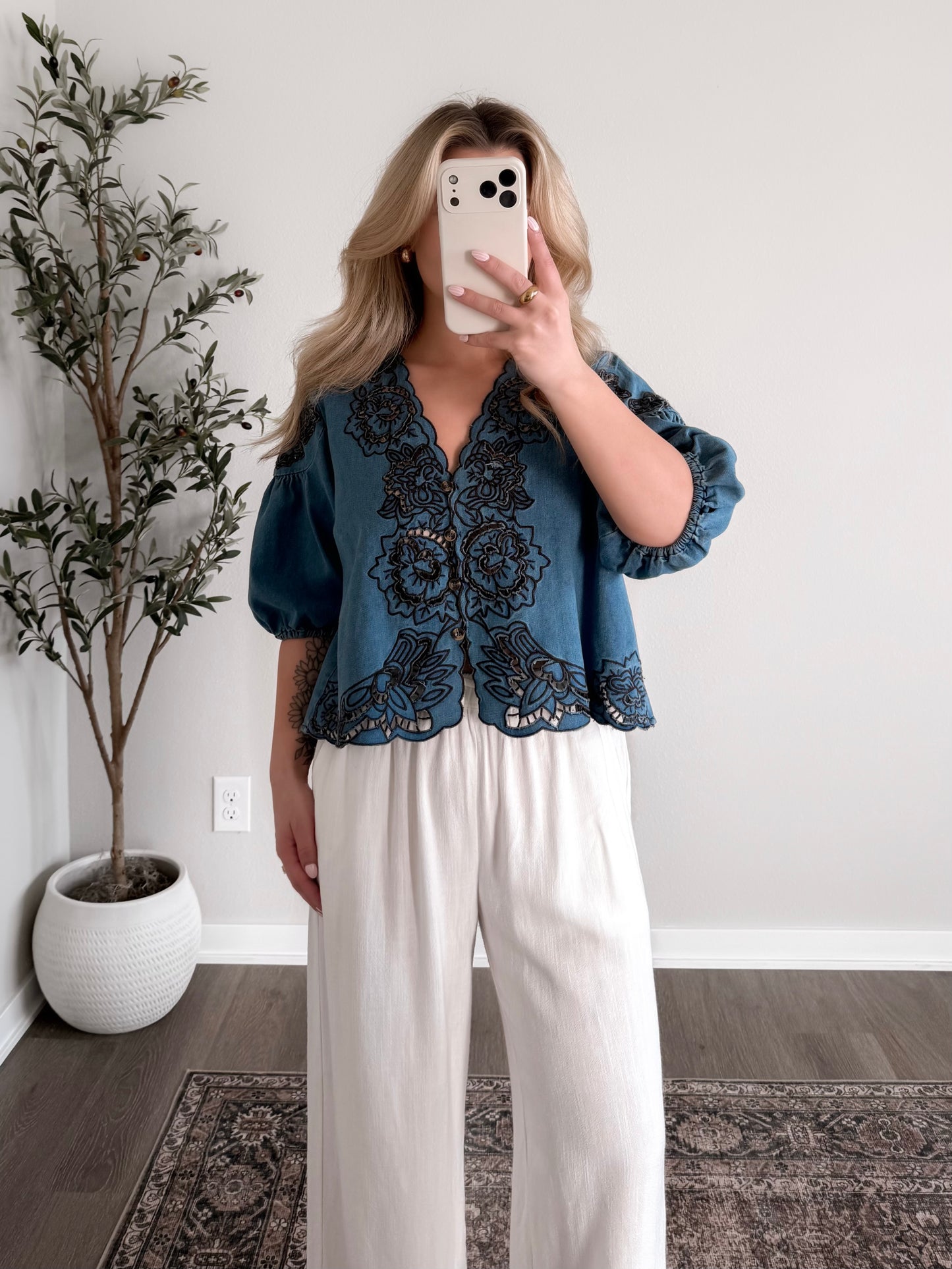 Hampton Floral Denim Top (Restocking Mid May)