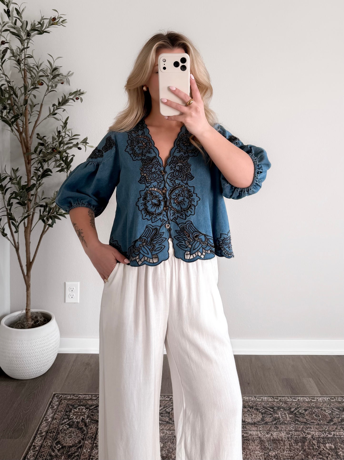 Hampton Floral Denim Top (Restocking Mid May)