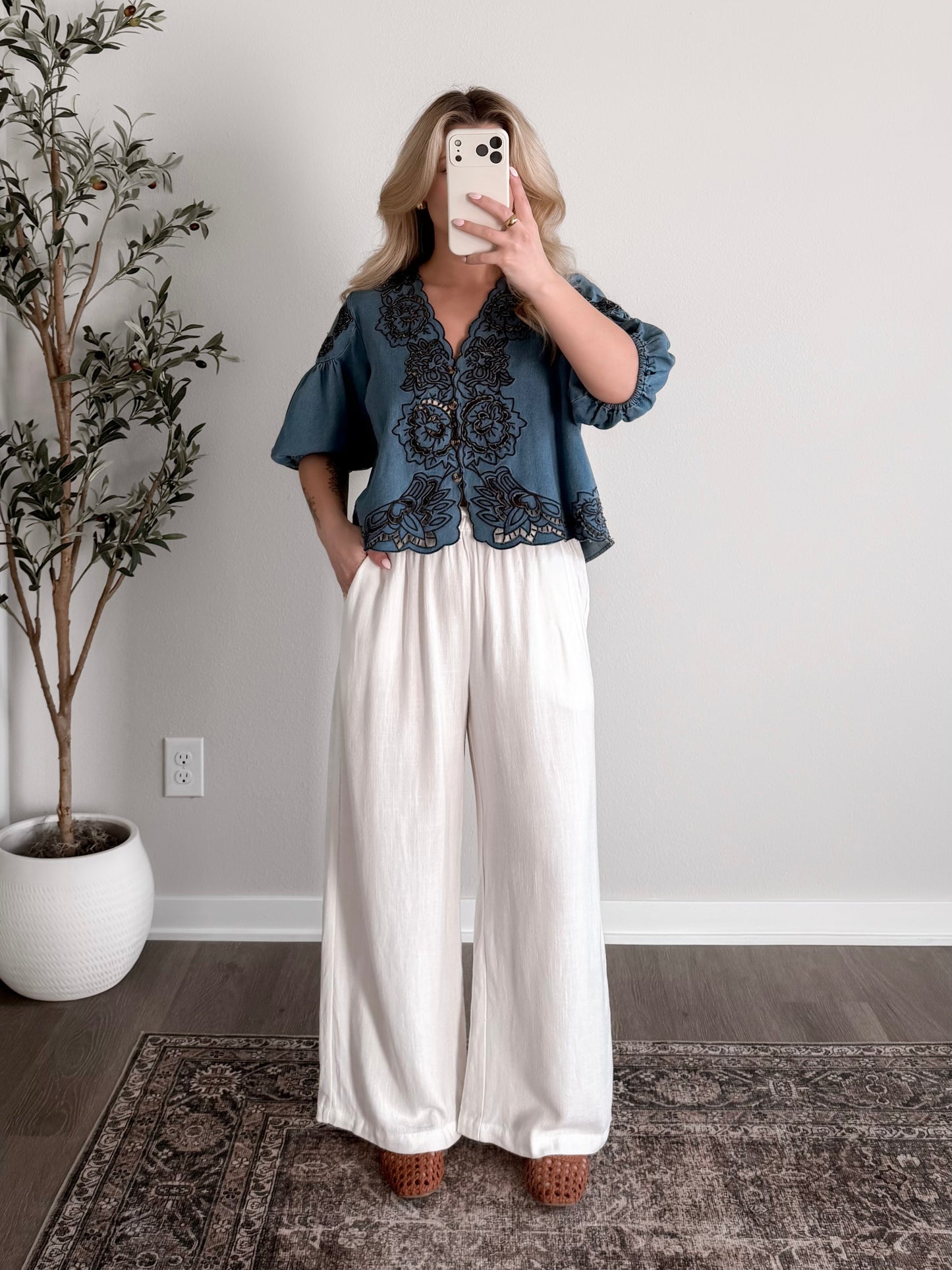 Hampton Floral Denim Top (Restocking Mid May)