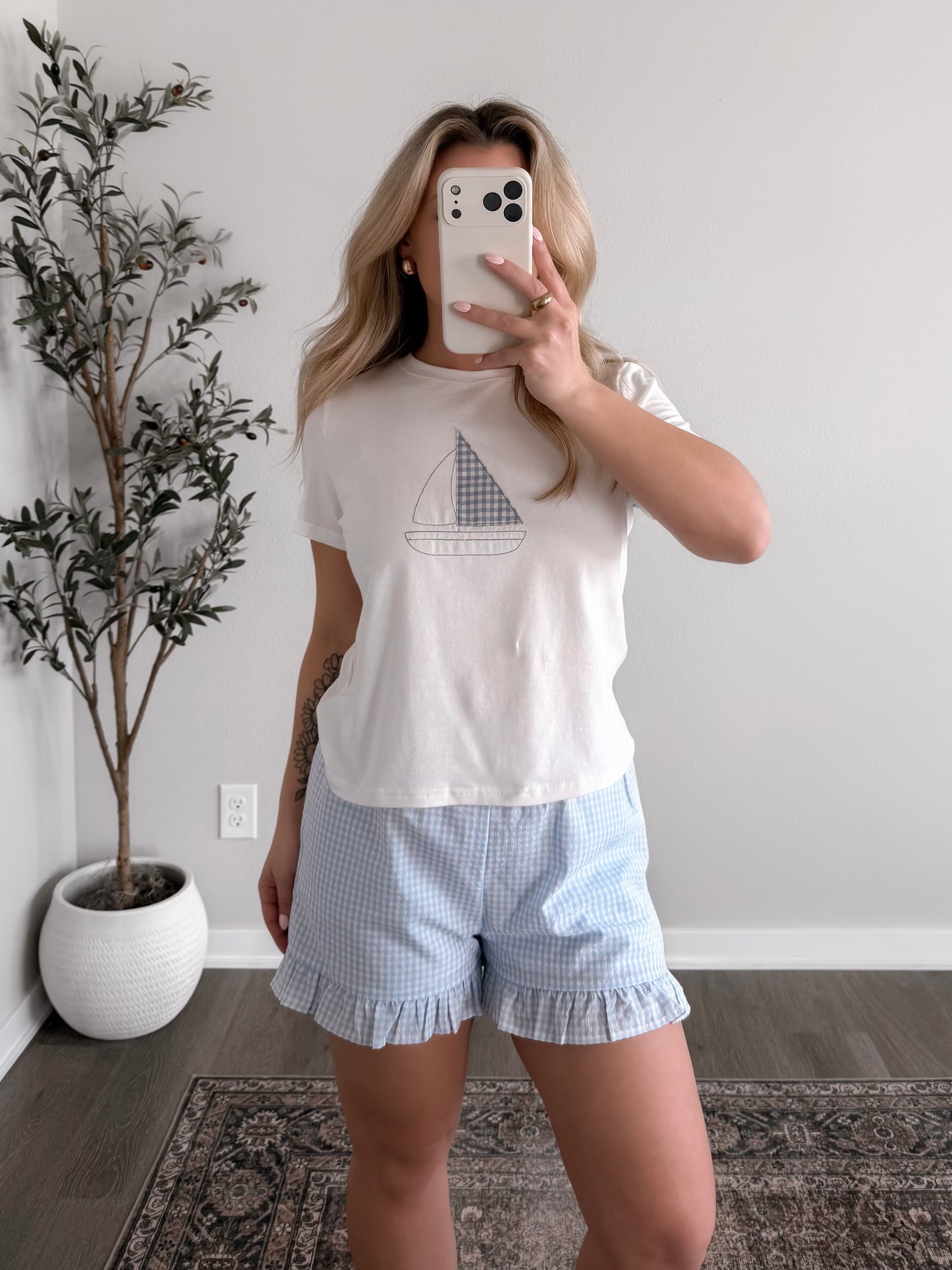 Gingham Sail Embroidered Tee / Final Sale