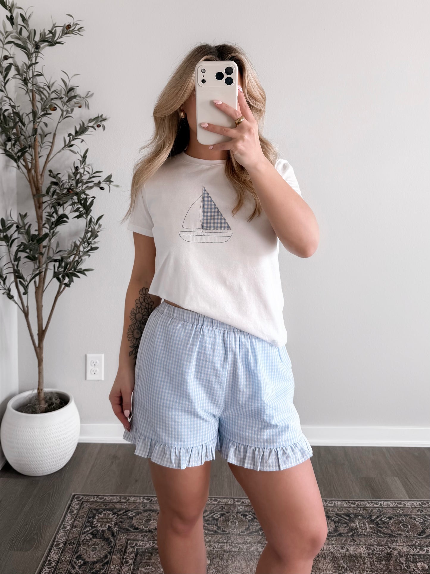 Gingham Sail Embroidered Tee / Final Sale
