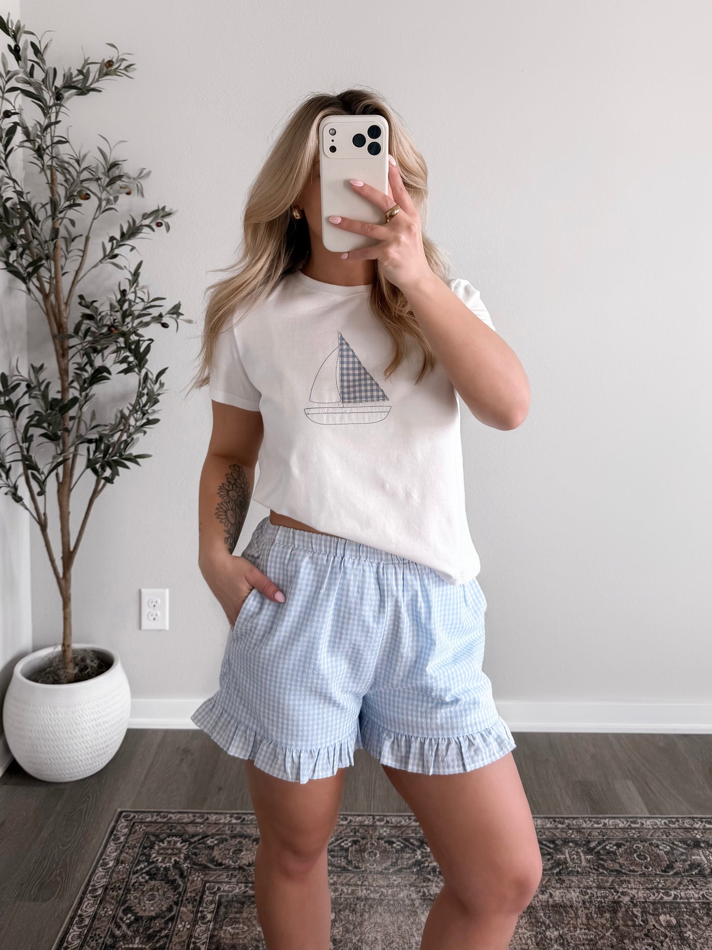 Gingham Sail Embroidered Tee / Final Sale