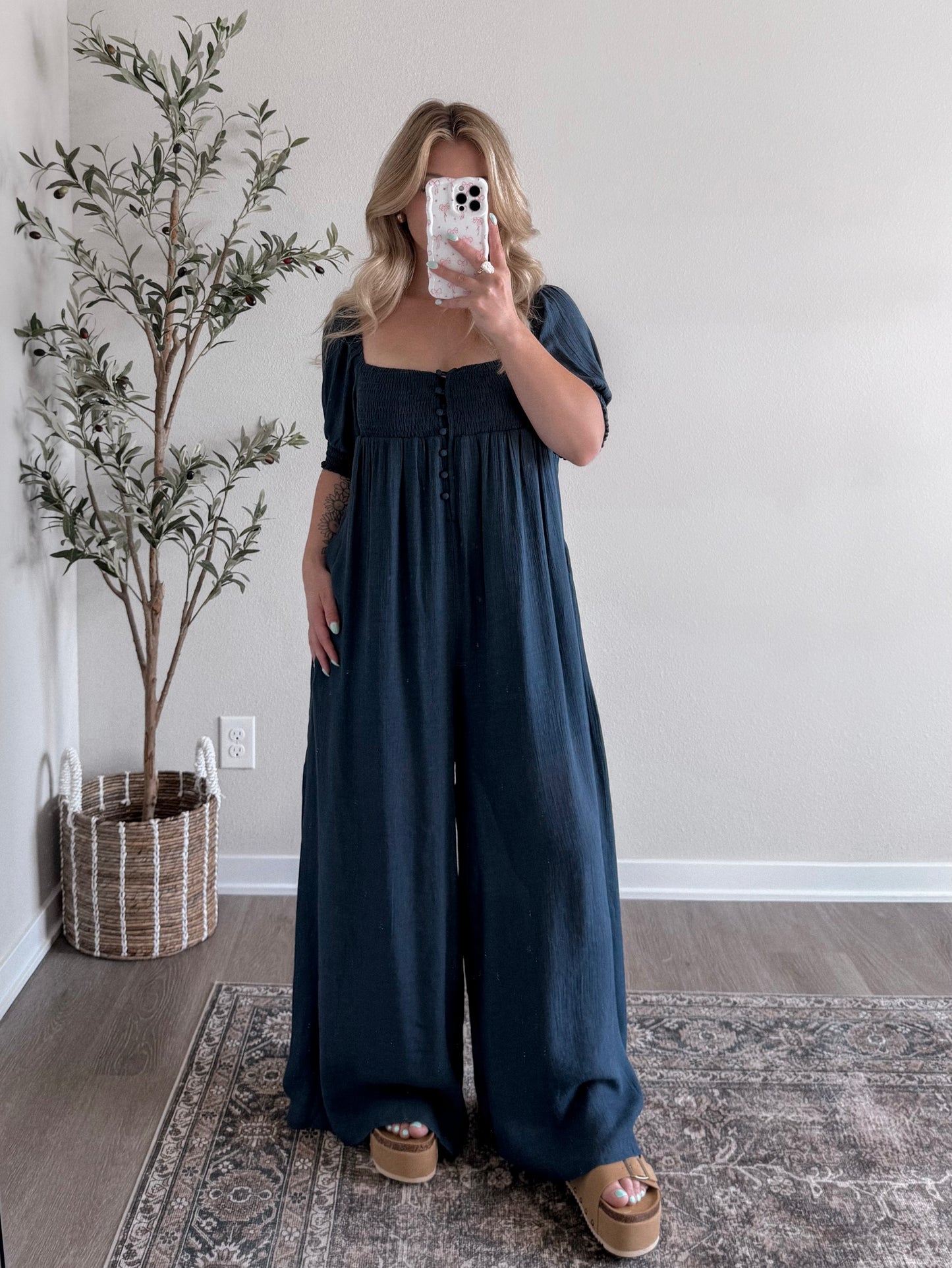 Navy Babydoll Wide Leg Jumpsuit